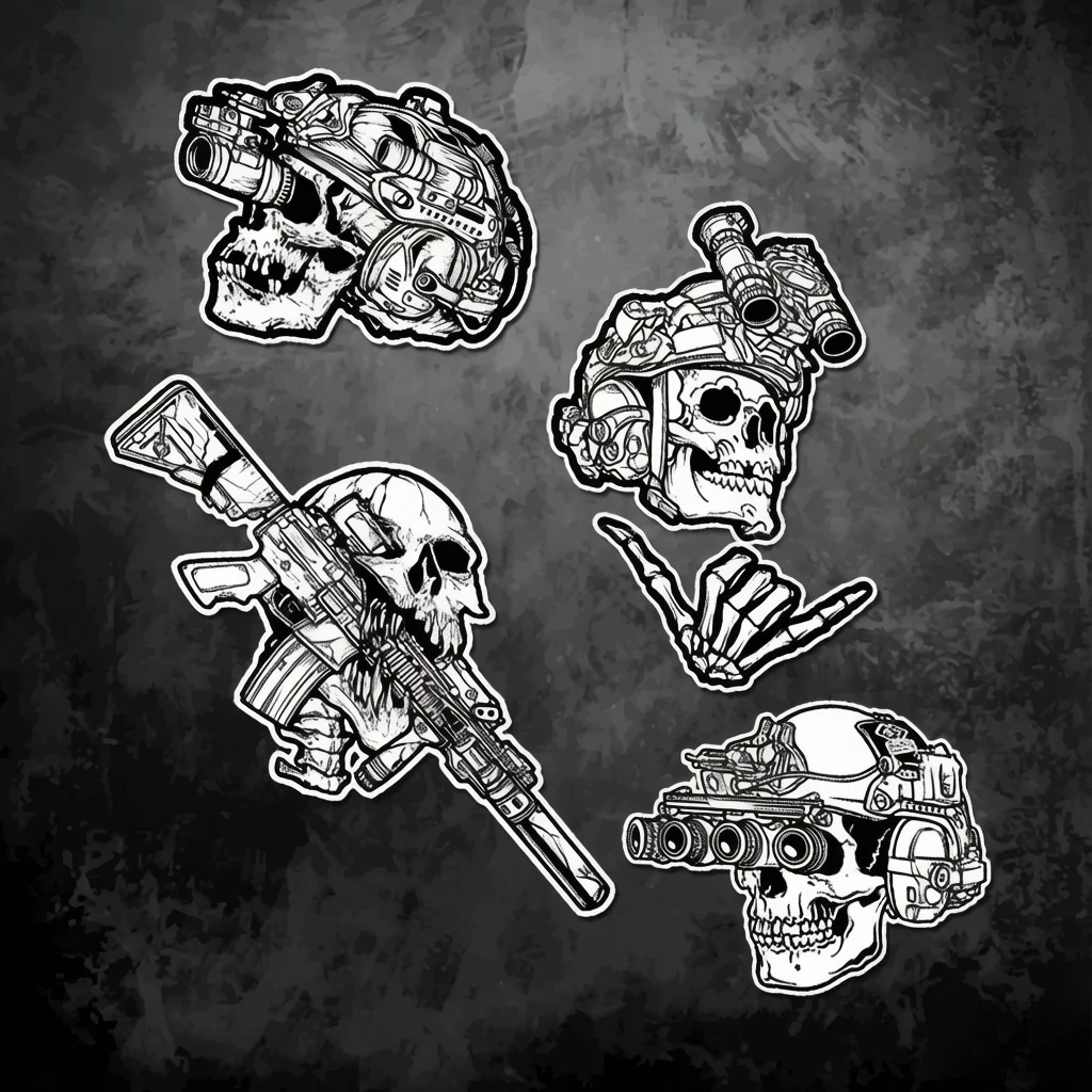 Motorcycle Gear White - Tactical Skull Helmet Gun Sticker, Black